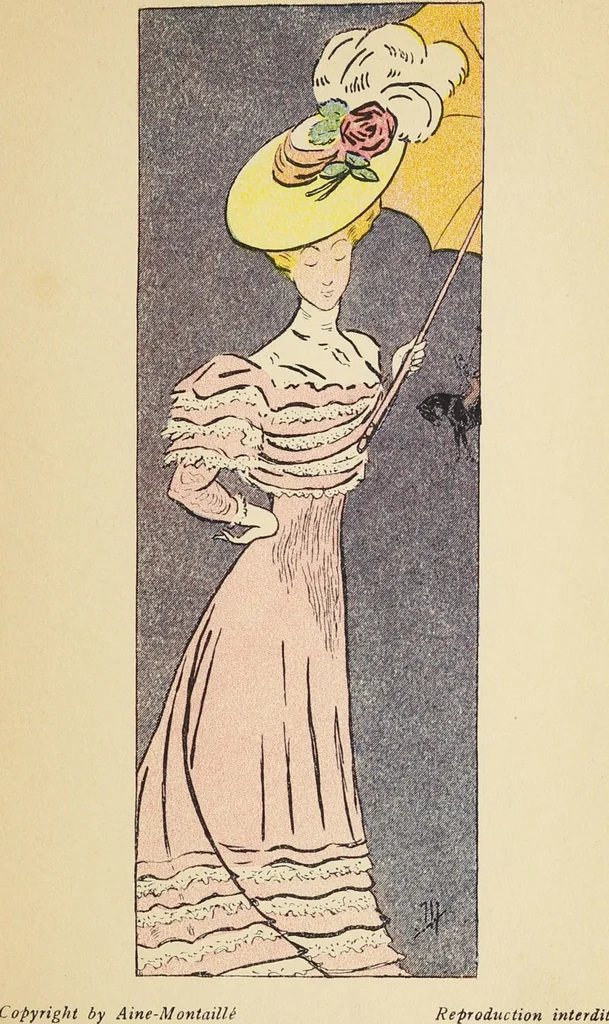 An illustration from Costumes inédits / de Aine-Montaillé, 1, Place Vendôme, Paris ; dessins fantaisistes de Mich, 1906, leaf 9