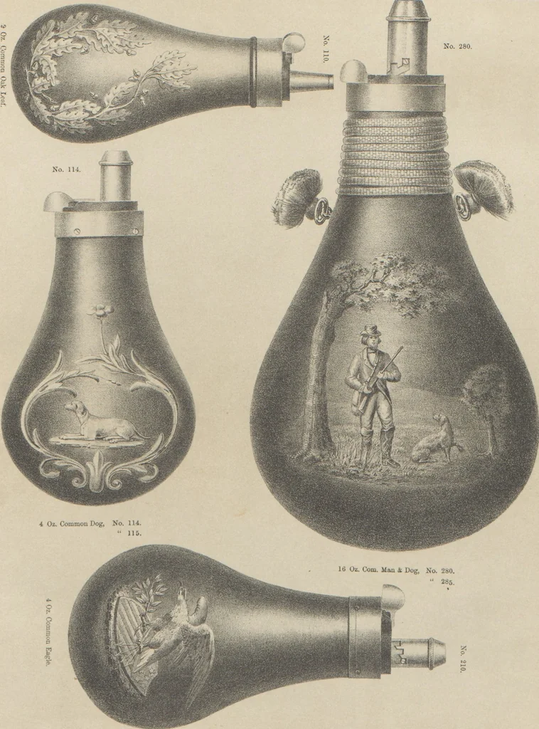 An illustration from Illustrated catalogue and price list of powder flasks, shot belts, shot pouches, dram bottles, measuring tapes, percussion caps, & c, manufactured by American Flask and Cap Company, Waterbury, Conn, 1864, leaf 11
