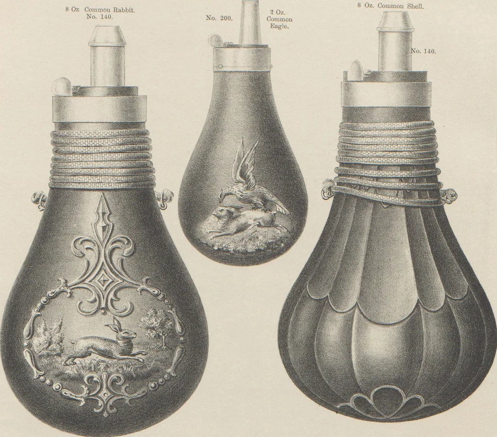 An illustration from Illustrated catalogue and price list of powder flasks, shot belts, shot pouches, dram bottles, measuring tapes, percussion caps, & c, manufactured by American Flask and Cap Company, Waterbury, Conn, 1864, leaf 12