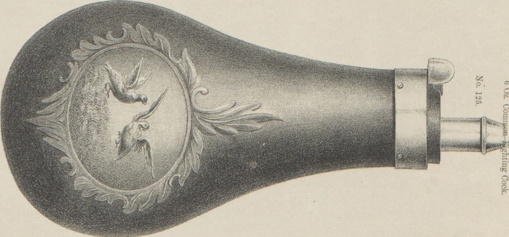 An illustration from Illustrated catalogue and price list of powder flasks, shot belts, shot pouches, dram bottles, measuring tapes, percussion caps, & c, manufactured by American Flask and Cap Company, Waterbury, Conn, 1864, leaf 12