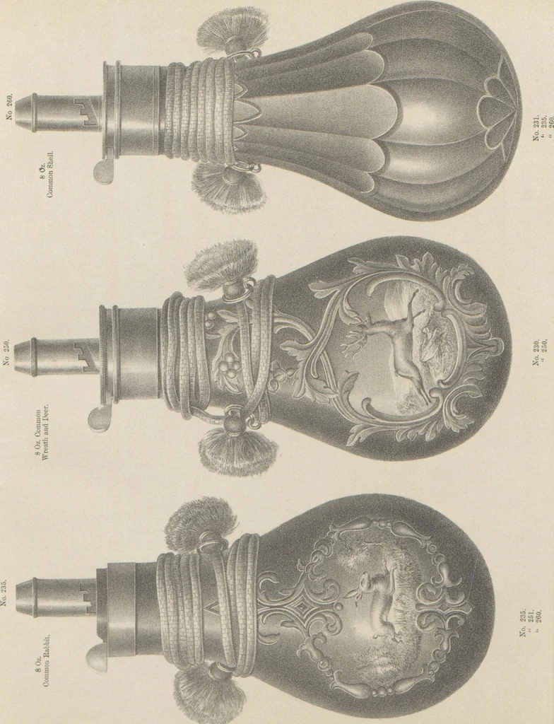 An illustration from Illustrated catalogue and price list of powder flasks, shot belts, shot pouches, dram bottles, measuring tapes, percussion caps, & c, manufactured by American Flask and Cap Company, Waterbury, Conn, 1864, leaf 13