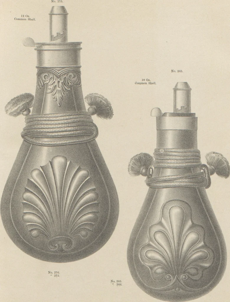 An illustration from Illustrated catalogue and price list of powder flasks, shot belts, shot pouches, dram bottles, measuring tapes, percussion caps, & c, manufactured by American Flask and Cap Company, Waterbury, Conn, 1864, leaf 14