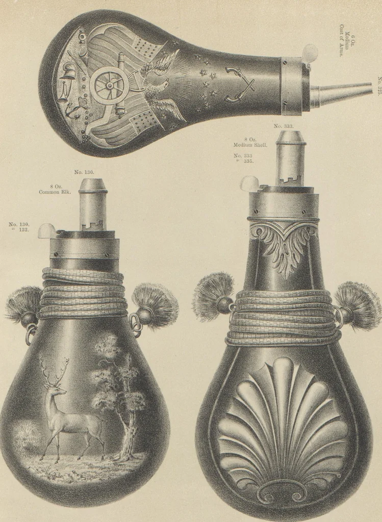 An illustration from Illustrated catalogue and price list of powder flasks, shot belts, shot pouches, dram bottles, measuring tapes, percussion caps, & c, manufactured by American Flask and Cap Company, Waterbury, Conn, 1864, leaf 16