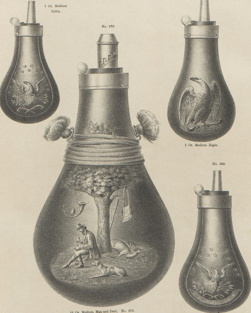 An illustration from Illustrated catalogue and price list of powder flasks, shot belts, shot pouches, dram bottles, measuring tapes, percussion caps, & c, manufactured by American Flask and Cap Company, Waterbury, Conn, 1864, leaf 17