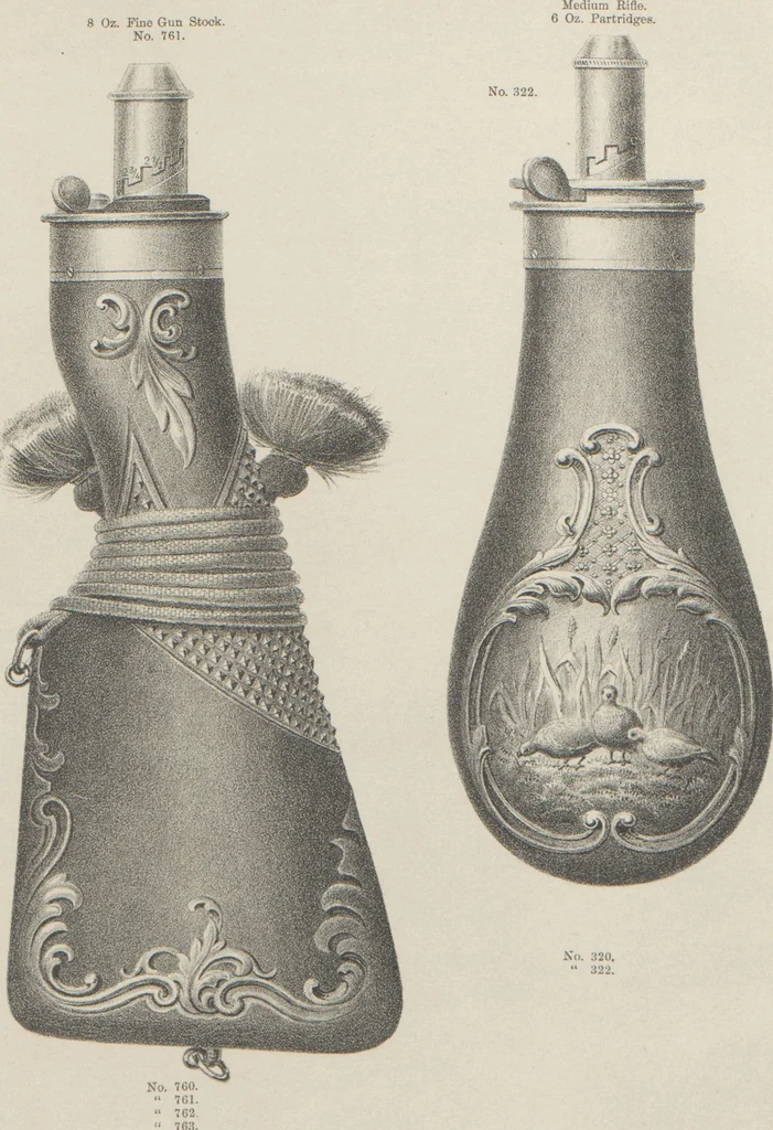 An illustration from Illustrated catalogue and price list of powder flasks, shot belts, shot pouches, dram bottles, measuring tapes, percussion caps, & c, manufactured by American Flask and Cap Company, Waterbury, Conn, 1864, leaf 18