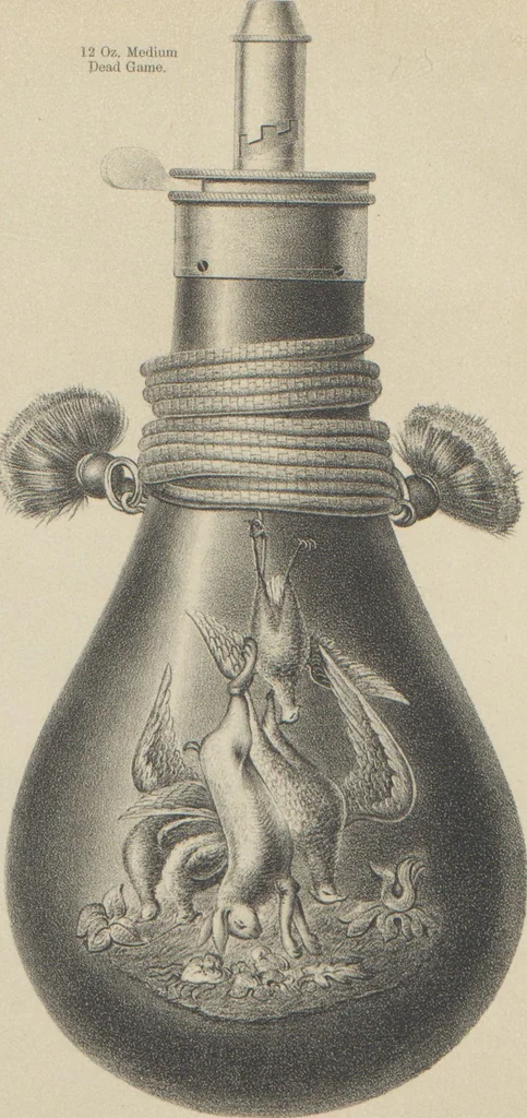 An illustration from Illustrated catalogue and price list of powder flasks, shot belts, shot pouches, dram bottles, measuring tapes, percussion caps, & c, manufactured by American Flask and Cap Company, Waterbury, Conn, 1864, leaf 19
