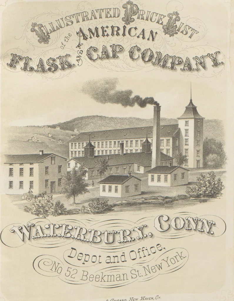 An illustration from Illustrated catalogue and price list of powder flasks, shot belts, shot pouches, dram bottles, measuring tapes, percussion caps, & c, manufactured by American Flask and Cap Company, Waterbury, Conn, 1864, leaf 2