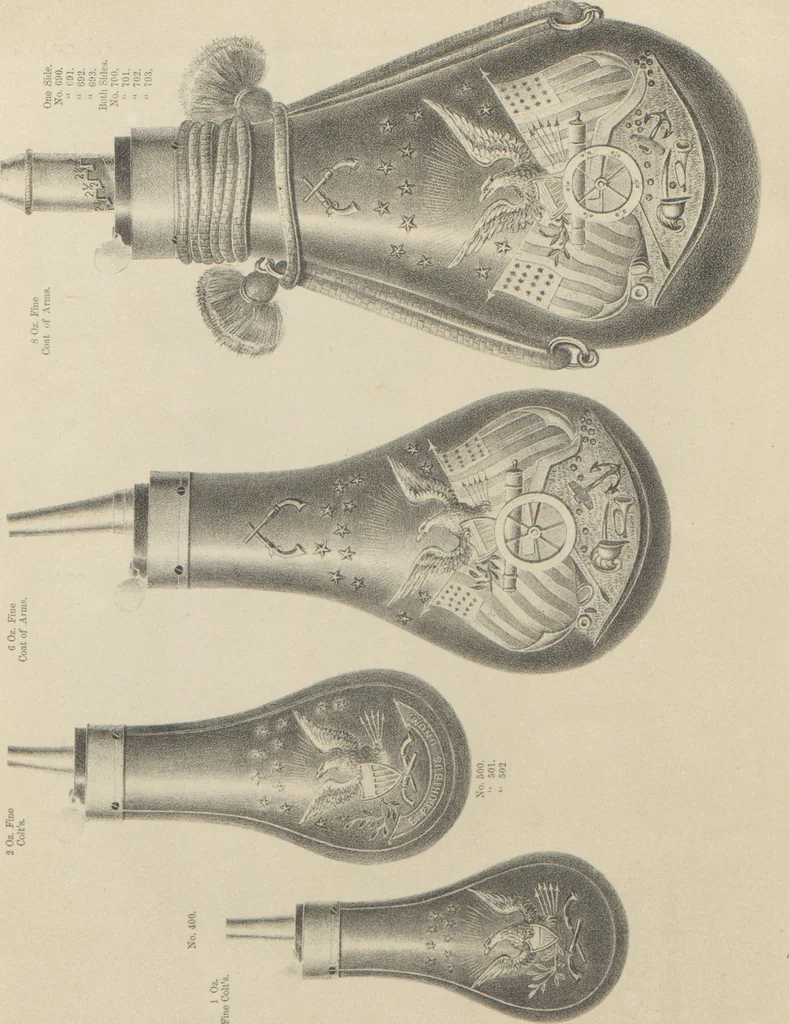 An illustration from Illustrated catalogue and price list of powder flasks, shot belts, shot pouches, dram bottles, measuring tapes, percussion caps, & c, manufactured by American Flask and Cap Company, Waterbury, Conn, 1864, leaf 21
