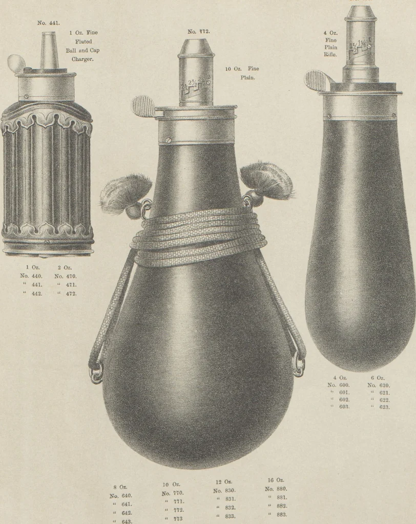 An illustration from Illustrated catalogue and price list of powder flasks, shot belts, shot pouches, dram bottles, measuring tapes, percussion caps, & c, manufactured by American Flask and Cap Company, Waterbury, Conn, 1864, leaf 23