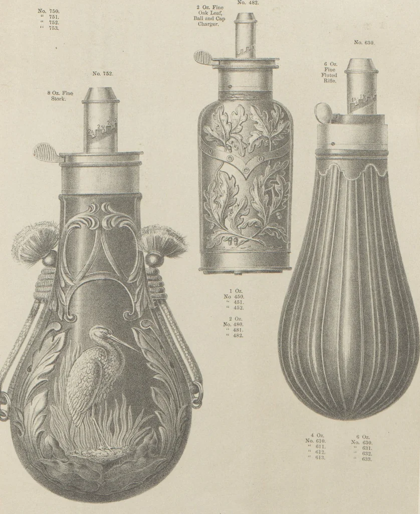 An illustration from Illustrated catalogue and price list of powder flasks, shot belts, shot pouches, dram bottles, measuring tapes, percussion caps, & c, manufactured by American Flask and Cap Company, Waterbury, Conn, 1864, leaf 24