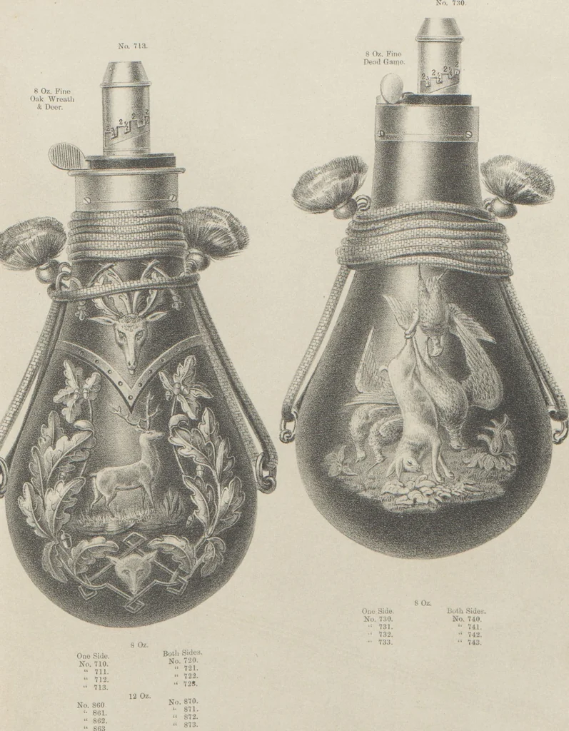 An illustration from Illustrated catalogue and price list of powder flasks, shot belts, shot pouches, dram bottles, measuring tapes, percussion caps, & c, manufactured by American Flask and Cap Company, Waterbury, Conn, 1864, leaf 27