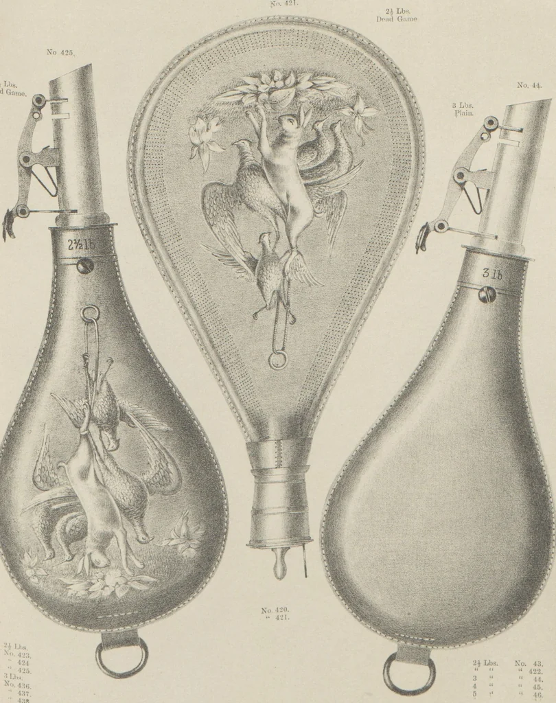 An illustration from Illustrated catalogue and price list of powder flasks, shot belts, shot pouches, dram bottles, measuring tapes, percussion caps, & c, manufactured by American Flask and Cap Company, Waterbury, Conn, 1864, leaf 30