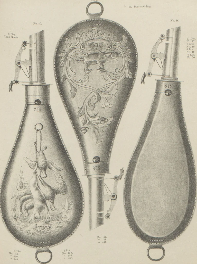 An illustration from Illustrated catalogue and price list of powder flasks, shot belts, shot pouches, dram bottles, measuring tapes, percussion caps, & c, manufactured by American Flask and Cap Company, Waterbury, Conn, 1864, leaf 31