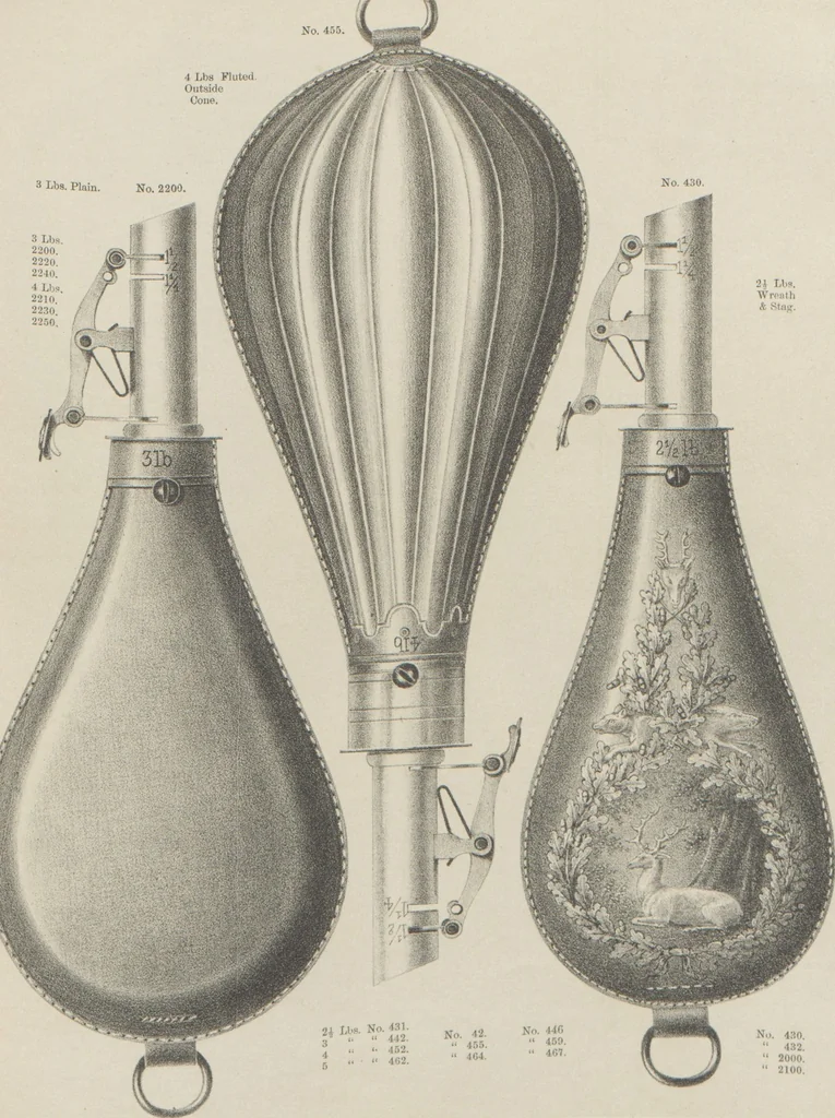 An illustration from Illustrated catalogue and price list of powder flasks, shot belts, shot pouches, dram bottles, measuring tapes, percussion caps, & c, manufactured by American Flask and Cap Company, Waterbury, Conn, 1864, leaf 32