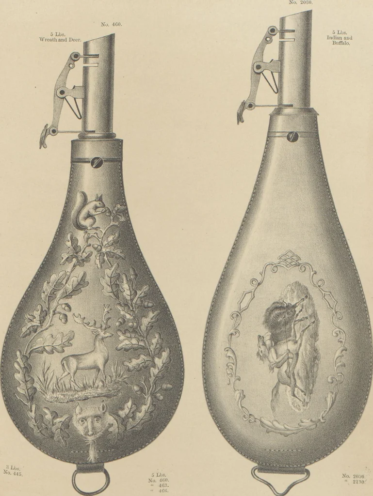 An illustration from Illustrated catalogue and price list of powder flasks, shot belts, shot pouches, dram bottles, measuring tapes, percussion caps, & c, manufactured by American Flask and Cap Company, Waterbury, Conn, 1864, leaf 34