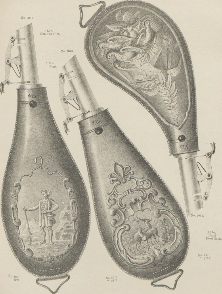 An illustration from Illustrated catalogue and price list of powder flasks, shot belts, shot pouches, dram bottles, measuring tapes, percussion caps, & c, manufactured by American Flask and Cap Company, Waterbury, Conn, 1864, leaf 35