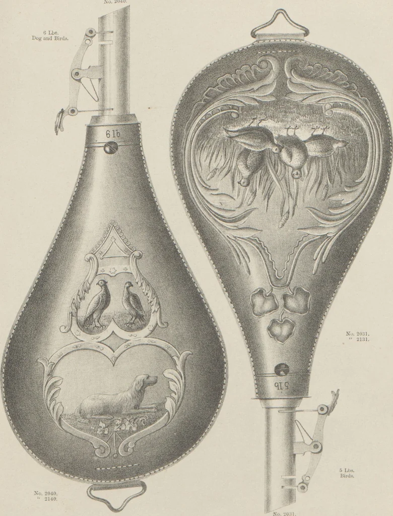 An illustration from Illustrated catalogue and price list of powder flasks, shot belts, shot pouches, dram bottles, measuring tapes, percussion caps, & c, manufactured by American Flask and Cap Company, Waterbury, Conn, 1864, leaf 36