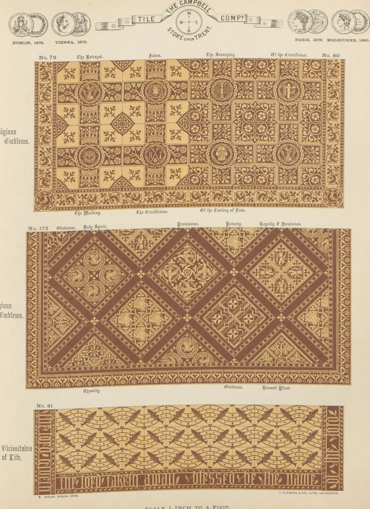 An illustration from Designs of majolica & enamelled tiles, suitable for flower boxes, fireplaces, chimney-pieces, pilasters, friezes &c. and mural decorations generally, 1885, leaf 12