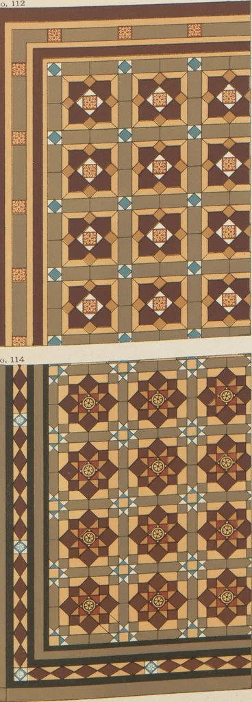 An illustration from Designs of majolica & enamelled tiles, suitable for flower boxes, fireplaces, chimney-pieces, pilasters, friezes &c. and mural decorations generally, 1885, leaf 14