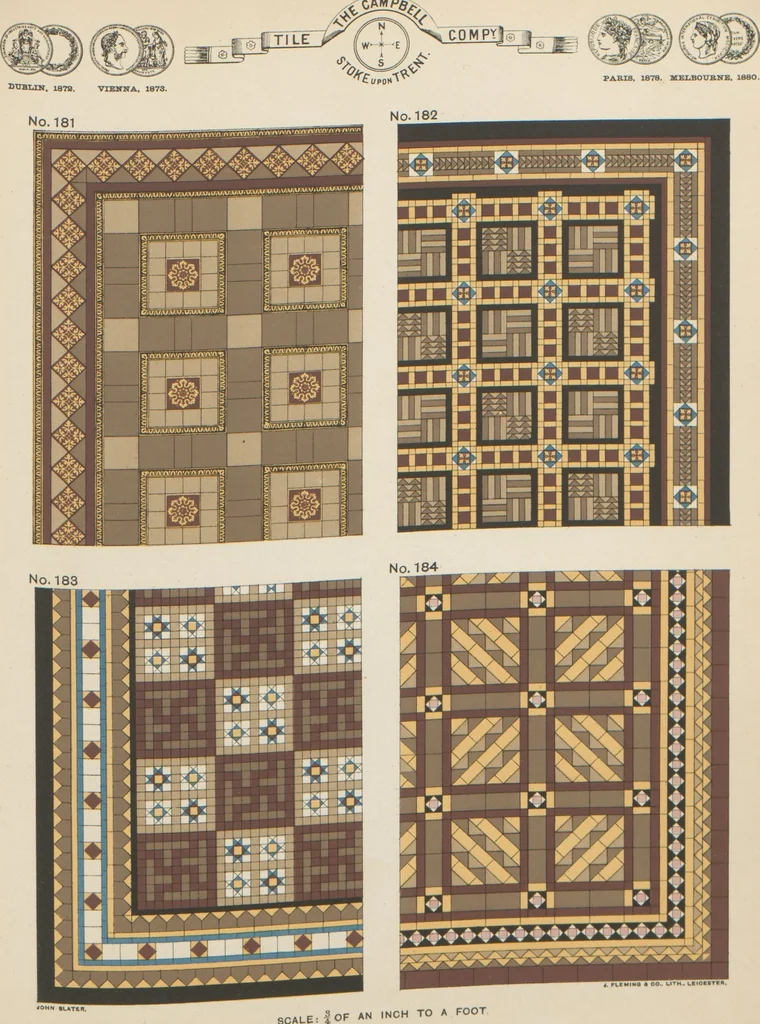 An illustration from Designs of majolica & enamelled tiles, suitable for flower boxes, fireplaces, chimney-pieces, pilasters, friezes &c. and mural decorations generally, 1885, leaf 19