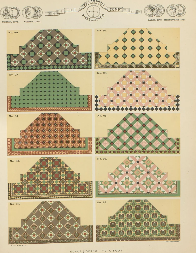 An illustration from Designs of majolica & enamelled tiles, suitable for flower boxes, fireplaces, chimney-pieces, pilasters, friezes &c. and mural decorations generally, 1885, leaf 30