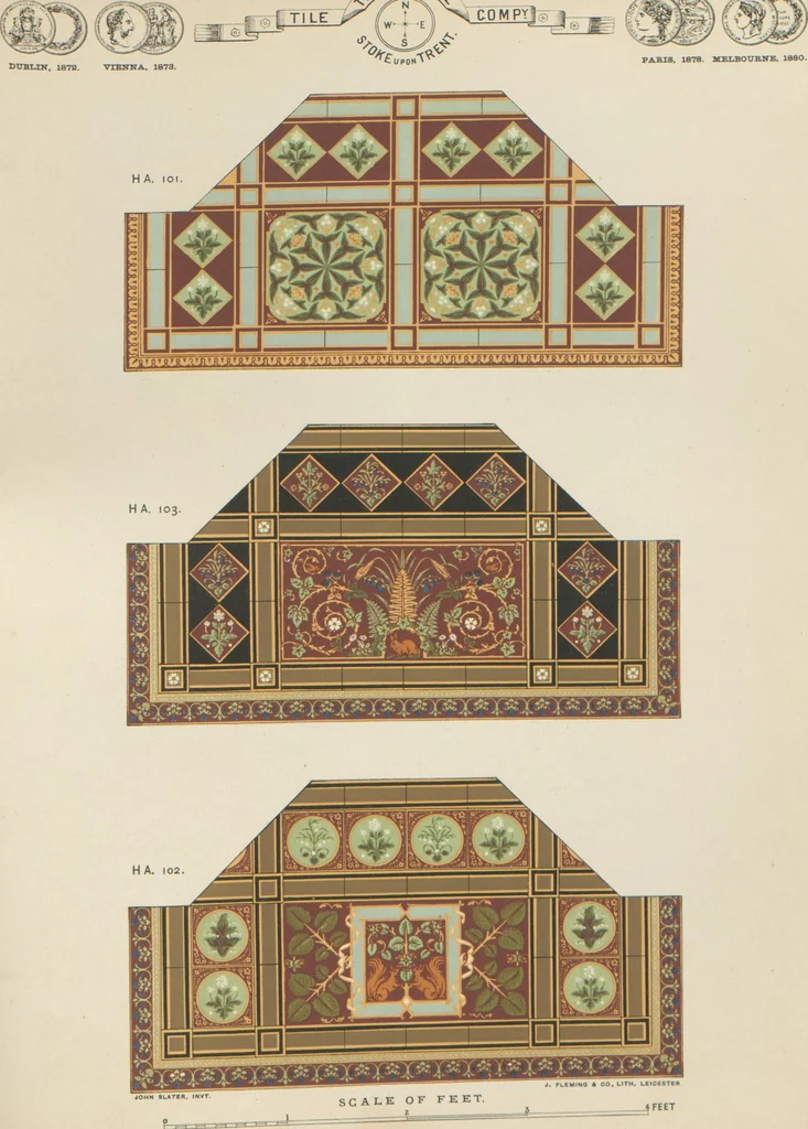 An illustration from Designs of majolica & enamelled tiles, suitable for flower boxes, fireplaces, chimney-pieces, pilasters, friezes &c. and mural decorations generally, 1885, leaf 31