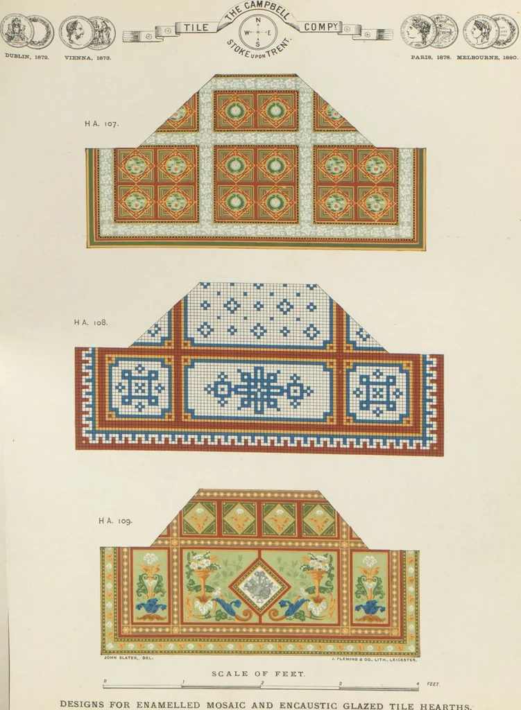An illustration from Designs of majolica & enamelled tiles, suitable for flower boxes, fireplaces, chimney-pieces, pilasters, friezes &c. and mural decorations generally, 1885, leaf 32