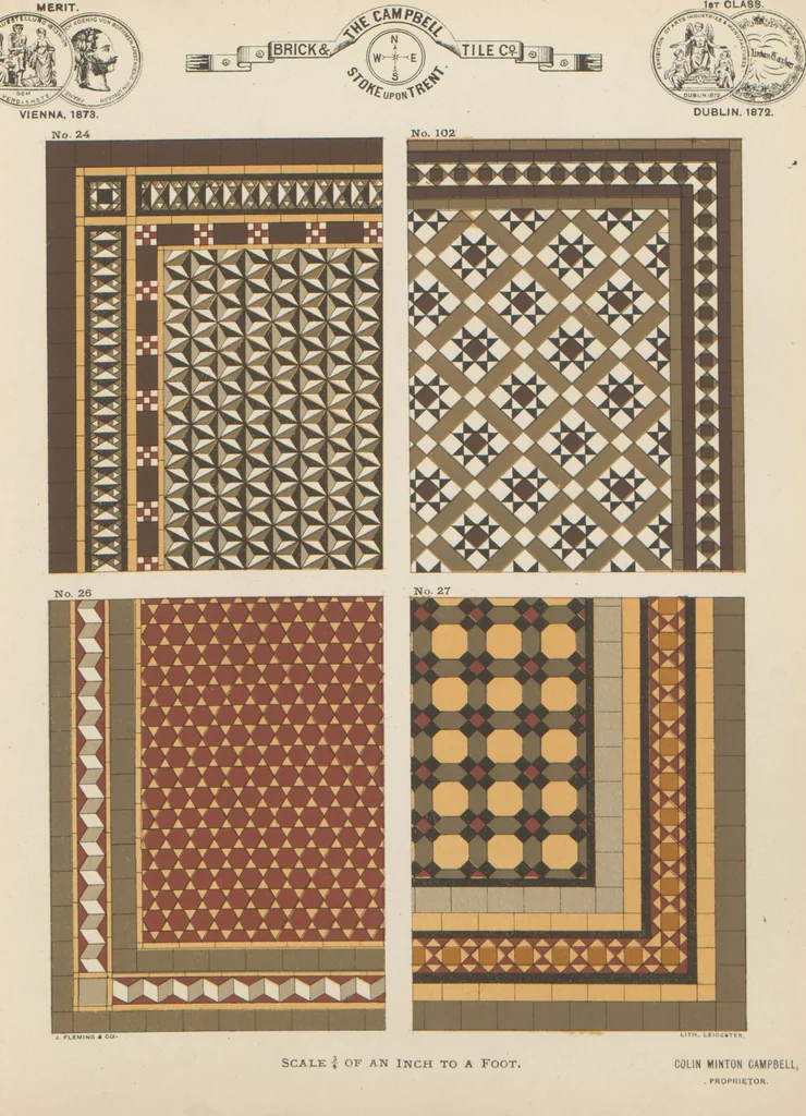 An illustration from Designs of majolica & enamelled tiles, suitable for flower boxes, fireplaces, chimney-pieces, pilasters, friezes &c. and mural decorations generally, 1885, leaf 5