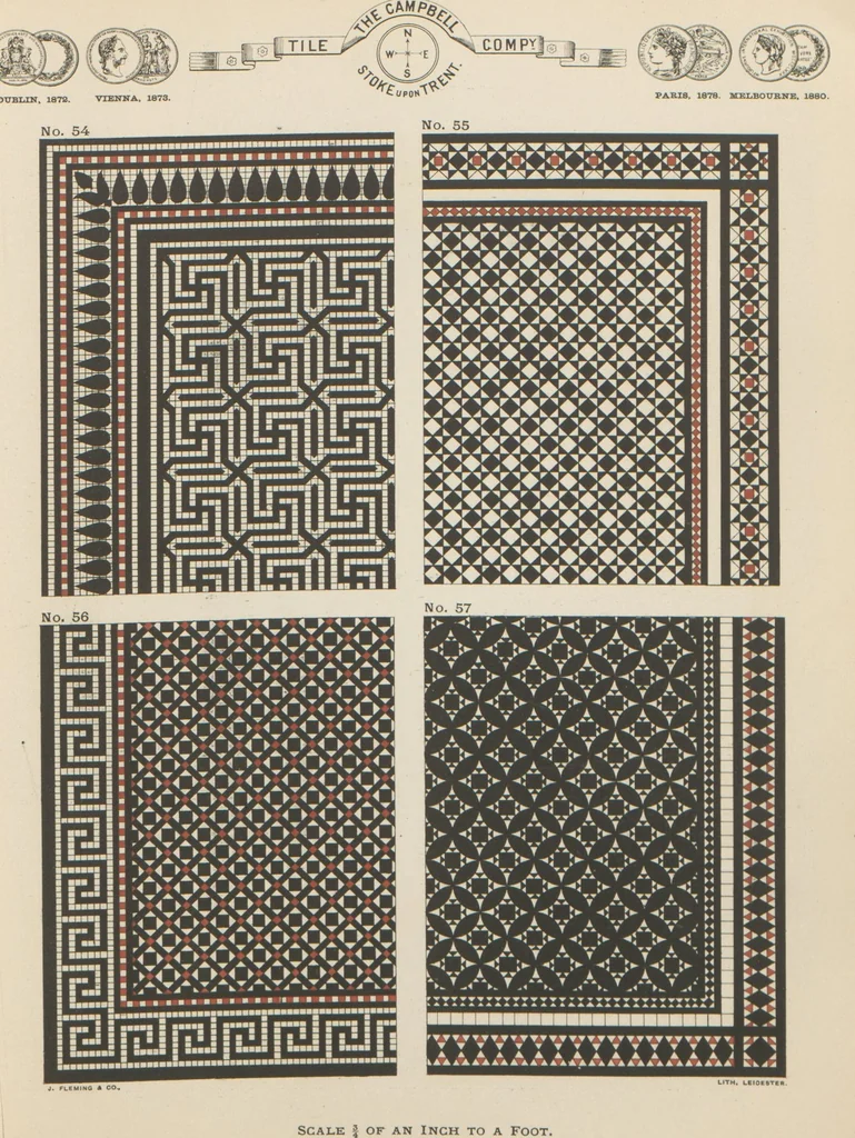 An illustration from Designs of majolica & enamelled tiles, suitable for flower boxes, fireplaces, chimney-pieces, pilasters, friezes &c. and mural decorations generally, 1885, leaf 8