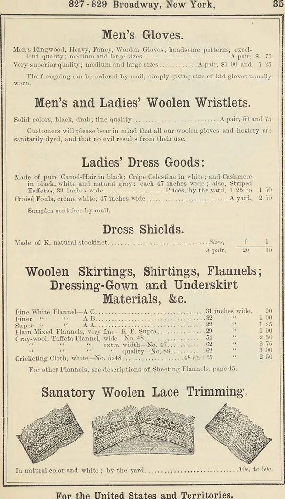 An illustration from Illustrated catalogue of the Dr. Jaeger's Sanitary Woolen System Co. : sole importers and exclusive manufacturers of all goods constructed under and pertaining to the Sanitary System of Dr. Gustav Jaeger : wholesale, retail, warerooms, 1889, leaf 43
