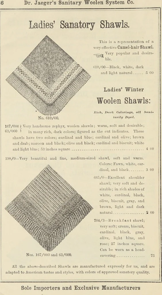An illustration from Illustrated catalogue of the Dr. Jaeger's Sanitary Woolen System Co. : sole importers and exclusive manufacturers of all goods constructed under and pertaining to the Sanitary System of Dr. Gustav Jaeger : wholesale, retail, warerooms, 1889, leaf 44