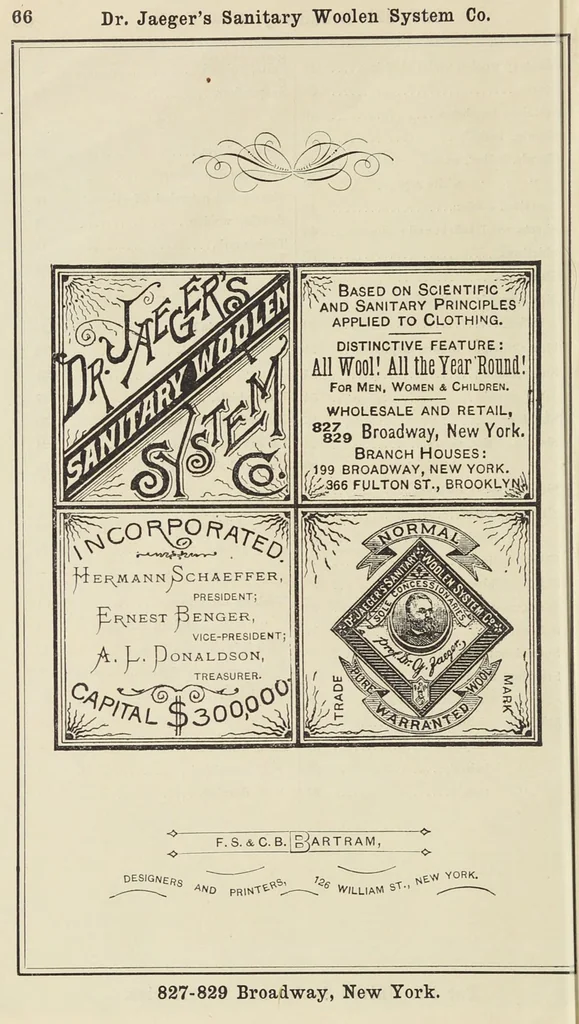 An illustration from Illustrated catalogue of the Dr. Jaeger's Sanitary Woolen System Co. : sole importers and exclusive manufacturers of all goods constructed under and pertaining to the Sanitary System of Dr. Gustav Jaeger : wholesale, retail, warerooms, 1889, leaf 74