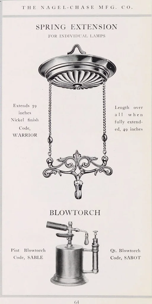 An illustration from Kerosene and gasoline lighting systems : for the illumination of stores, residences, halls, opera houses, churches, streets, boulevards, parks, wharves, railway stations, etc. : 1915-1916 / Nagel-Chase Mfg. Co, 1915, leaf 66