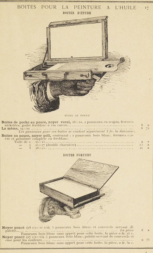 An illustration from Jules Chauvin : atelier de dorure et d'encadrements, fournitures speciales pour artistes, agent general pour la France, des couleurs a la detrempe a la majolique et a la resine du Baron de Pereira, des couleurs resineuses de Mussini, des couleurs a l'huile et a l'ambre dissous de Jacques Blockx, des toiles fond albumen et majolique, preparees par le procede de Pereira pour la peinture a la detrempe et a l'huile, couleurs extra fines a l'huile broyees a la main, couleurs extra fines al detrempe... materiel d'artistes, 1893, leaf 21