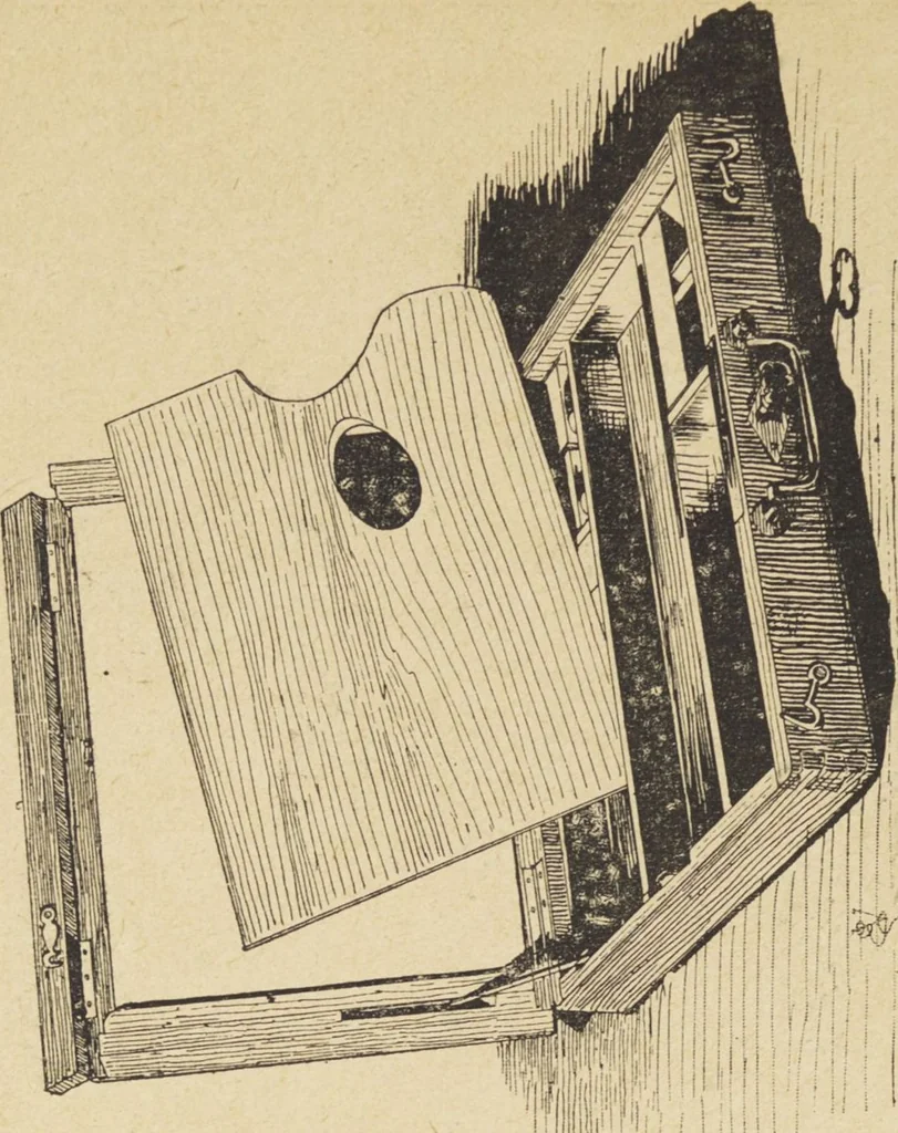 An illustration from Jules Chauvin : atelier de dorure et d'encadrements, fournitures speciales pour artistes, agent general pour la France, des couleurs a la detrempe a la majolique et a la resine du Baron de Pereira, des couleurs resineuses de Mussini, des couleurs a l'huile et a l'ambre dissous de Jacques Blockx, des toiles fond albumen et majolique, preparees par le procede de Pereira pour la peinture a la detrempe et a l'huile, couleurs extra fines a l'huile broyees a la main, couleurs extra fines al detrempe... materiel d'artistes, 1893, leaf 22