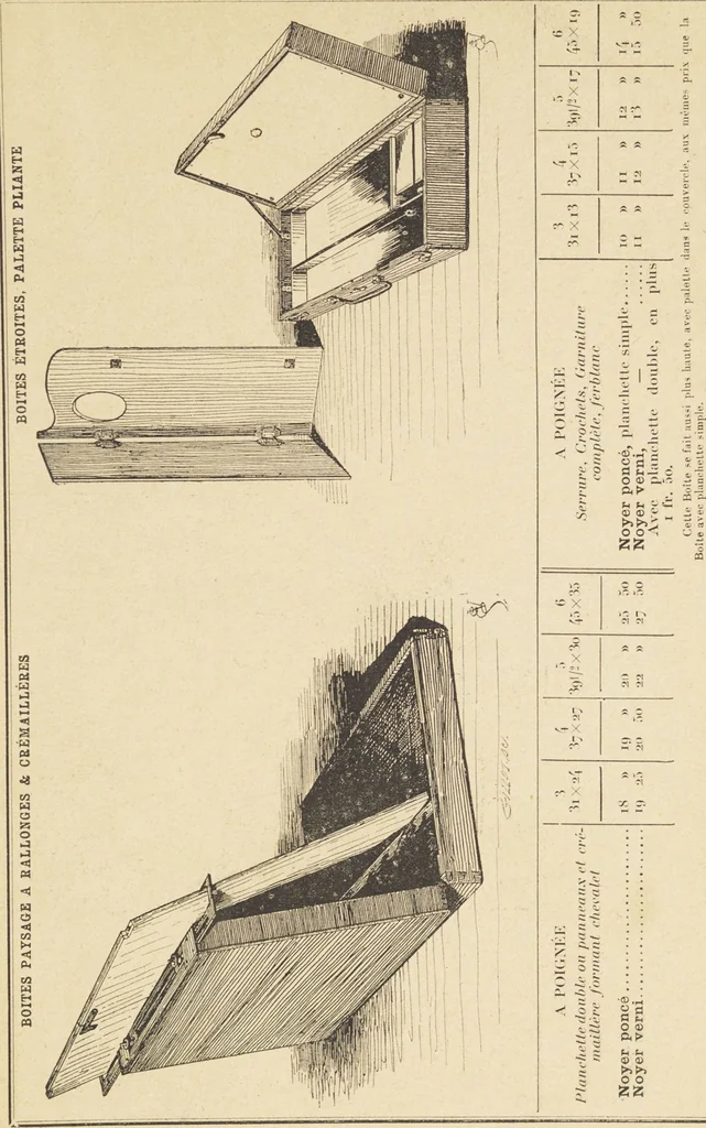 An illustration from Jules Chauvin : atelier de dorure et d'encadrements, fournitures speciales pour artistes, agent general pour la France, des couleurs a la detrempe a la majolique et a la resine du Baron de Pereira, des couleurs resineuses de Mussini, des couleurs a l'huile et a l'ambre dissous de Jacques Blockx, des toiles fond albumen et majolique, preparees par le procede de Pereira pour la peinture a la detrempe et a l'huile, couleurs extra fines a l'huile broyees a la main, couleurs extra fines al detrempe... materiel d'artistes, 1893, leaf 23