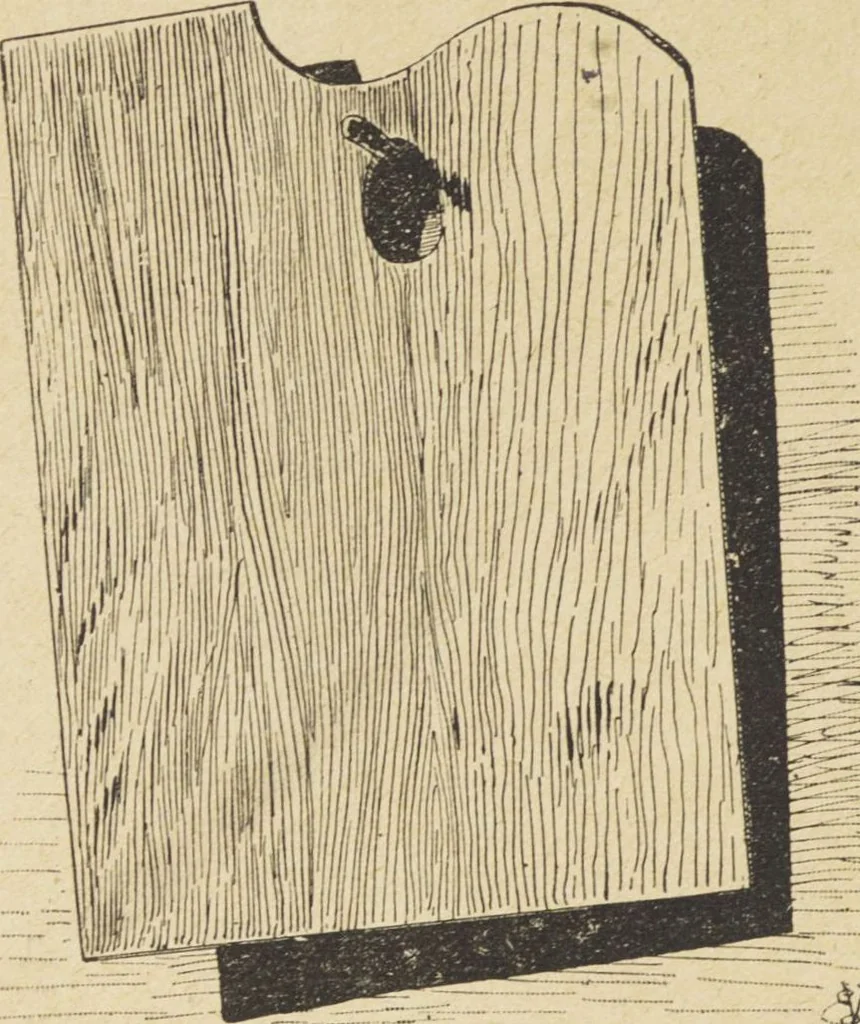 An illustration from Jules Chauvin : atelier de dorure et d'encadrements, fournitures speciales pour artistes, agent general pour la France, des couleurs a la detrempe a la majolique et a la resine du Baron de Pereira, des couleurs resineuses de Mussini, des couleurs a l'huile et a l'ambre dissous de Jacques Blockx, des toiles fond albumen et majolique, preparees par le procede de Pereira pour la peinture a la detrempe et a l'huile, couleurs extra fines a l'huile broyees a la main, couleurs extra fines al detrempe... materiel d'artistes, 1893, leaf 26