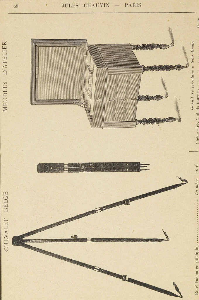 An illustration from Jules Chauvin : atelier de dorure et d'encadrements, fournitures speciales pour artistes, agent general pour la France, des couleurs a la detrempe a la majolique et a la resine du Baron de Pereira, des couleurs resineuses de Mussini, des couleurs a l'huile et a l'ambre dissous de Jacques Blockx, des toiles fond albumen et majolique, preparees par le procede de Pereira pour la peinture a la detrempe et a l'huile, couleurs extra fines a l'huile broyees a la main, couleurs extra fines al detrempe... materiel d'artistes, 1893, leaf 32
