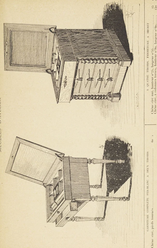 An illustration from Jules Chauvin : atelier de dorure et d'encadrements, fournitures speciales pour artistes, agent general pour la France, des couleurs a la detrempe a la majolique et a la resine du Baron de Pereira, des couleurs resineuses de Mussini, des couleurs a l'huile et a l'ambre dissous de Jacques Blockx, des toiles fond albumen et majolique, preparees par le procede de Pereira pour la peinture a la detrempe et a l'huile, couleurs extra fines a l'huile broyees a la main, couleurs extra fines al detrempe... materiel d'artistes, 1893, leaf 33