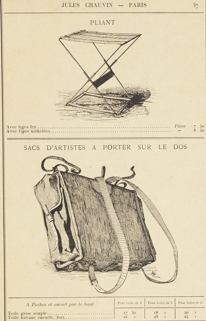 An illustration from Jules Chauvin : atelier de dorure et d'encadrements, fournitures speciales pour artistes, agent general pour la France, des couleurs a la detrempe a la majolique et a la resine du Baron de Pereira, des couleurs resineuses de Mussini, des couleurs a l'huile et a l'ambre dissous de Jacques Blockx, des toiles fond albumen et majolique, preparees par le procede de Pereira pour la peinture a la detrempe et a l'huile, couleurs extra fines a l'huile broyees a la main, couleurs extra fines al detrempe... materiel d'artistes, 1893, leaf 41
