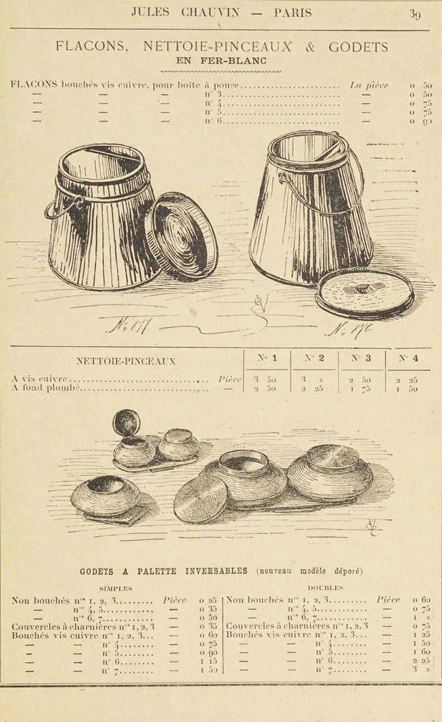 An illustration from Jules Chauvin : atelier de dorure et d'encadrements, fournitures speciales pour artistes, agent general pour la France, des couleurs a la detrempe a la majolique et a la resine du Baron de Pereira, des couleurs resineuses de Mussini, des couleurs a l'huile et a l'ambre dissous de Jacques Blockx, des toiles fond albumen et majolique, preparees par le procede de Pereira pour la peinture a la detrempe et a l'huile, couleurs extra fines a l'huile broyees a la main, couleurs extra fines al detrempe... materiel d'artistes, 1893, leaf 43