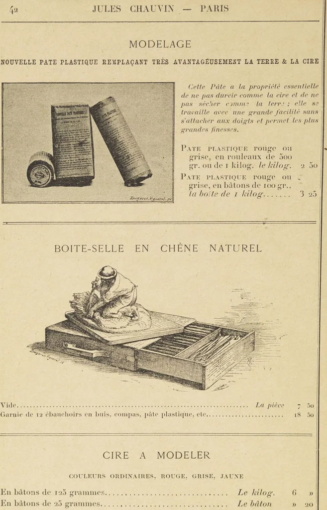 An illustration from Jules Chauvin : atelier de dorure et d'encadrements, fournitures speciales pour artistes, agent general pour la France, des couleurs a la detrempe a la majolique et a la resine du Baron de Pereira, des couleurs resineuses de Mussini, des couleurs a l'huile et a l'ambre dissous de Jacques Blockx, des toiles fond albumen et majolique, preparees par le procede de Pereira pour la peinture a la detrempe et a l'huile, couleurs extra fines a l'huile broyees a la main, couleurs extra fines al detrempe... materiel d'artistes, 1893, leaf 46