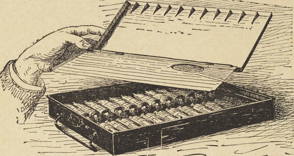An illustration from Jules Chauvin : atelier de dorure et d'encadrements, fournitures speciales pour artistes, agent general pour la France, des couleurs a la detrempe a la majolique et a la resine du Baron de Pereira, des couleurs resineuses de Mussini, des couleurs a l'huile et a l'ambre dissous de Jacques Blockx, des toiles fond albumen et majolique, preparees par le procede de Pereira pour la peinture a la detrempe et a l'huile, couleurs extra fines a l'huile broyees a la main, couleurs extra fines al detrempe... materiel d'artistes, 1893, leaf 56