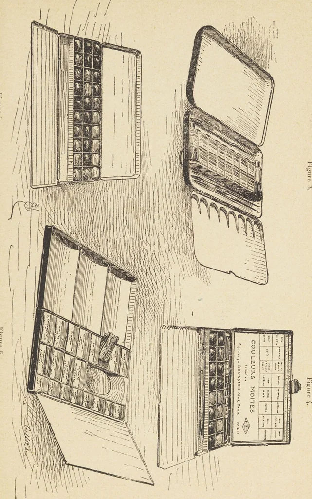 An illustration from Jules Chauvin : atelier de dorure et d'encadrements, fournitures speciales pour artistes, agent general pour la France, des couleurs a la detrempe a la majolique et a la resine du Baron de Pereira, des couleurs resineuses de Mussini, des couleurs a l'huile et a l'ambre dissous de Jacques Blockx, des toiles fond albumen et majolique, preparees par le procede de Pereira pour la peinture a la detrempe et a l'huile, couleurs extra fines a l'huile broyees a la main, couleurs extra fines al detrempe... materiel d'artistes, 1893, leaf 57