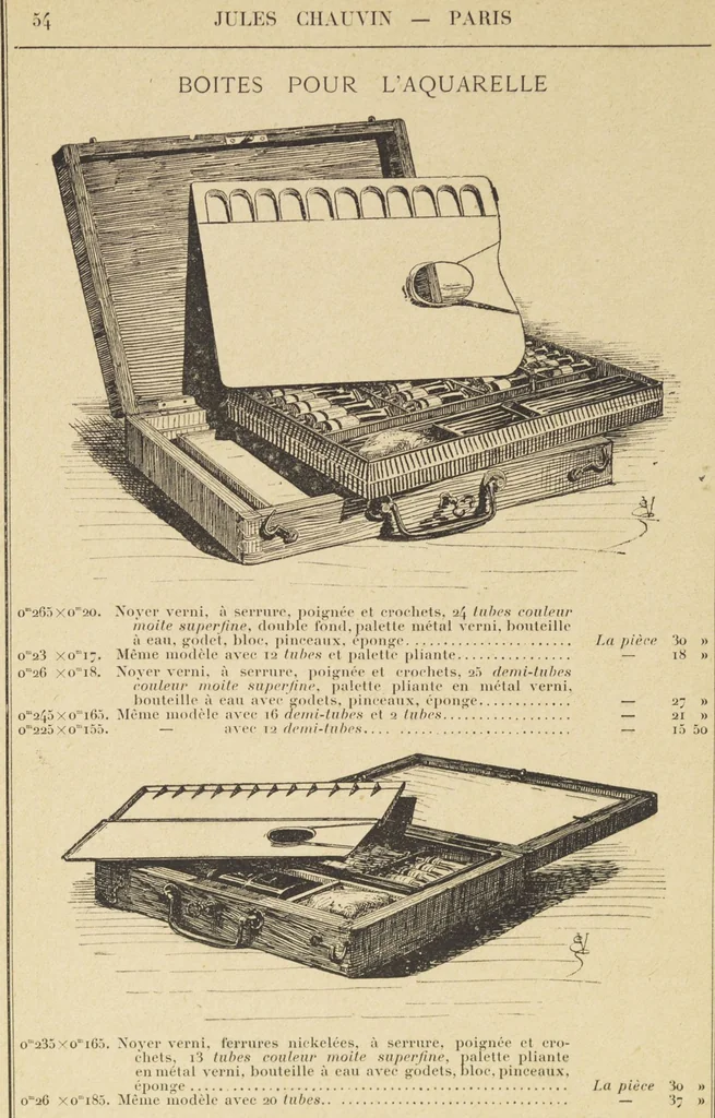 An illustration from Jules Chauvin : atelier de dorure et d'encadrements, fournitures speciales pour artistes, agent general pour la France, des couleurs a la detrempe a la majolique et a la resine du Baron de Pereira, des couleurs resineuses de Mussini, des couleurs a l'huile et a l'ambre dissous de Jacques Blockx, des toiles fond albumen et majolique, preparees par le procede de Pereira pour la peinture a la detrempe et a l'huile, couleurs extra fines a l'huile broyees a la main, couleurs extra fines al detrempe... materiel d'artistes, 1893, leaf 58