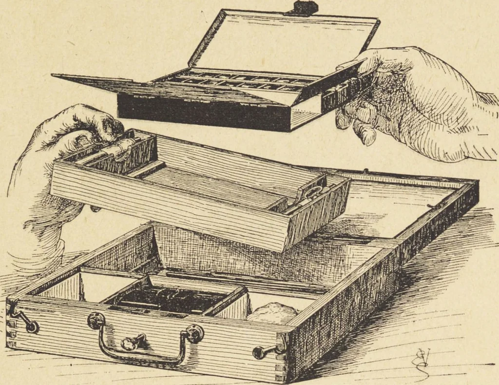 An illustration from Jules Chauvin : atelier de dorure et d'encadrements, fournitures speciales pour artistes, agent general pour la France, des couleurs a la detrempe a la majolique et a la resine du Baron de Pereira, des couleurs resineuses de Mussini, des couleurs a l'huile et a l'ambre dissous de Jacques Blockx, des toiles fond albumen et majolique, preparees par le procede de Pereira pour la peinture a la detrempe et a l'huile, couleurs extra fines a l'huile broyees a la main, couleurs extra fines al detrempe... materiel d'artistes, 1893, leaf 59