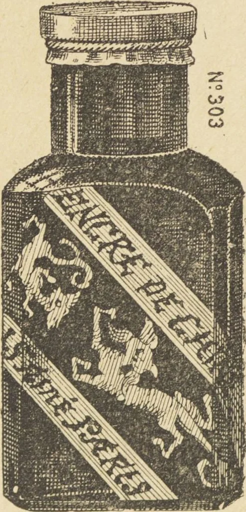 An illustration from Jules Chauvin : atelier de dorure et d'encadrements, fournitures speciales pour artistes, agent general pour la France, des couleurs a la detrempe a la majolique et a la resine du Baron de Pereira, des couleurs resineuses de Mussini, des couleurs a l'huile et a l'ambre dissous de Jacques Blockx, des toiles fond albumen et majolique, preparees par le procede de Pereira pour la peinture a la detrempe et a l'huile, couleurs extra fines a l'huile broyees a la main, couleurs extra fines al detrempe... materiel d'artistes, 1893, leaf 70