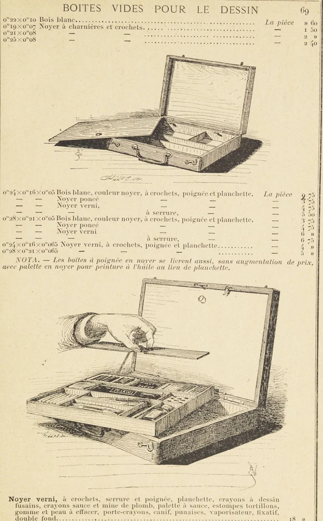 An illustration from Jules Chauvin : atelier de dorure et d'encadrements, fournitures speciales pour artistes, agent general pour la France, des couleurs a la detrempe a la majolique et a la resine du Baron de Pereira, des couleurs resineuses de Mussini, des couleurs a l'huile et a l'ambre dissous de Jacques Blockx, des toiles fond albumen et majolique, preparees par le procede de Pereira pour la peinture a la detrempe et a l'huile, couleurs extra fines a l'huile broyees a la main, couleurs extra fines al detrempe... materiel d'artistes, 1893, leaf 73