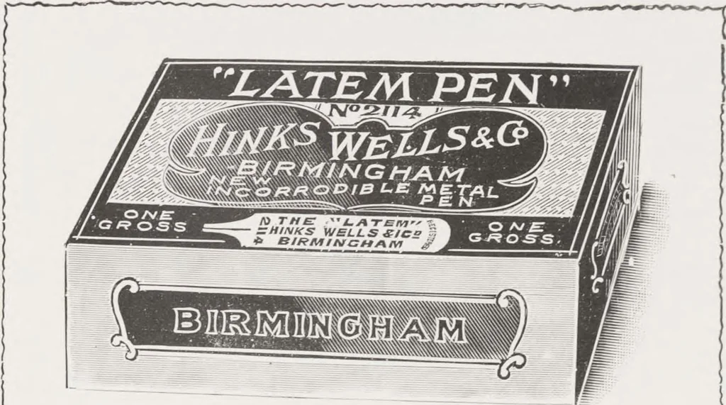 An illustration from Illustrated catalogue / Hinks, Wells & Co., manufacturers of steel & metal pens, penholders, letter clips, ticket hooks, shelf suspenders, drawing pins, stationers' sundries, etc, 1911, leaf 14