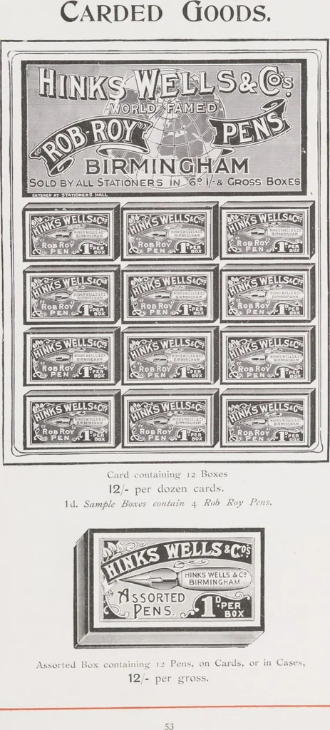 An illustration from Illustrated catalogue / Hinks, Wells & Co., manufacturers of steel & metal pens, penholders, letter clips, ticket hooks, shelf suspenders, drawing pins, stationers' sundries, etc, 1911, leaf 59